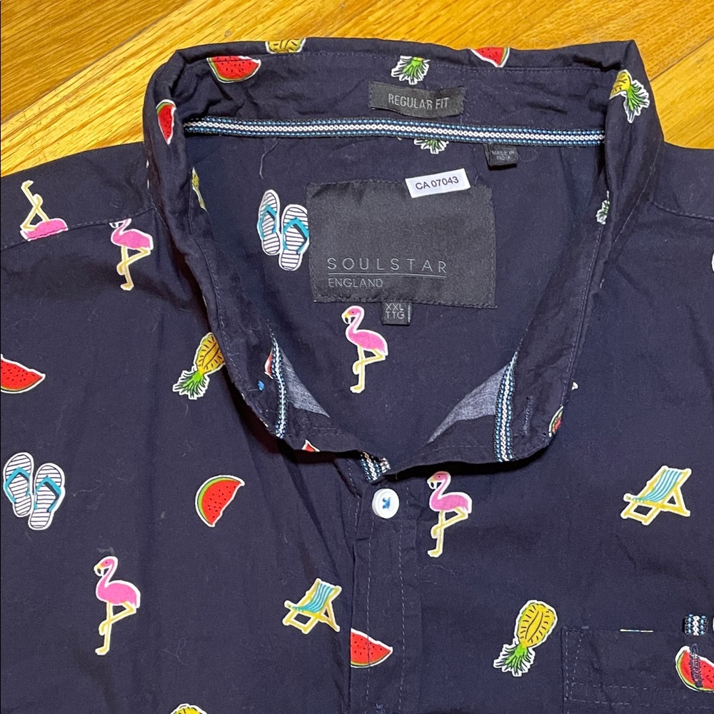 SOULSTAR Navy Flamingo Pineapple Print Short Sleeve Shirt Holiday Sun Fun - Picture 2 of 7